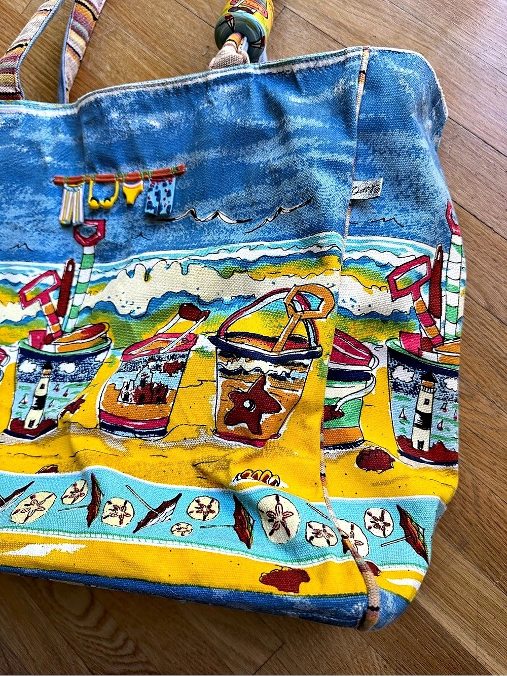 Vintage Quasby Hanging Swimsuits Beach Print Tote in Blue & Yellow - Picture 3 of 7